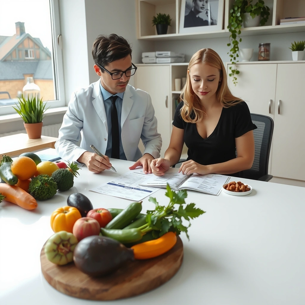 Individual nutrition consultation session with professional dietitian and client reviewing meal plans